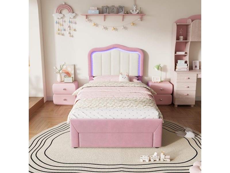  Lit 90x200cm - lit enfant 90x200 - lit simple avec 1 tiroir, tête de lit avec éclairage led intelligent et dossier blanc - rose  - Conforama B