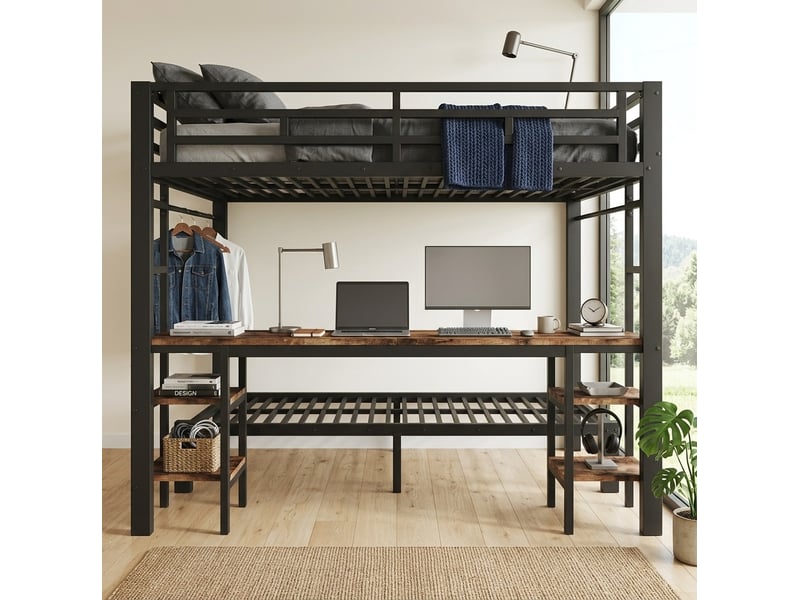 Lit superposé 140x200 cm et 90x200 cm avec bureau et penderie noir - Conforama B