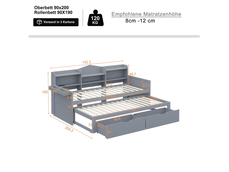  Lit banquette gigogne 90x200+90x190cm, usb, tiroirs, sommier, lit enfant 2 places, style moderne, mdf, gris sans matelas  - Conforama C