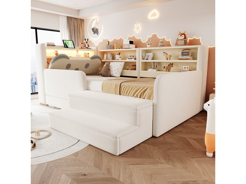 Lit rembourré pour enfant, 90 x 200 cm, dossier avec tablette et plusieurs compartiments, tiroir et port usb, velours, beige - Conforama D