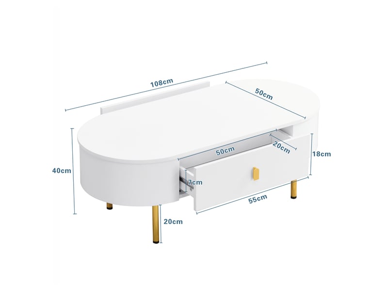  Table basse avec 2 tiroirs, poignées et pieds dorés, bords arrondis, pour salon, en mdf, blanc, 108 × 50 × 40 cm  - Conforama D