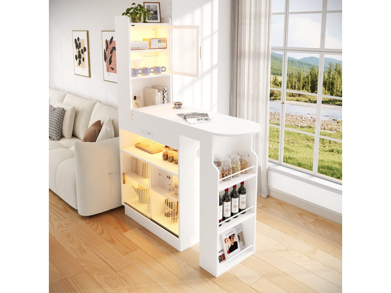  Bar extensible avec rangement 131–170 cm, meuble bar avec portes vitrées, led connectée, prises usb &amp; type-c - blanc  - Conforama D