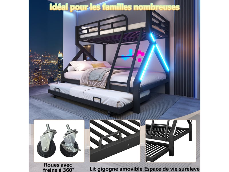  Lit superposé 90 x 200 cm + 140 x 200 cm – avec lit gigogne – avec barrières de sécurité – avec échelle – noir (matelas non inclus)  - Conforama R