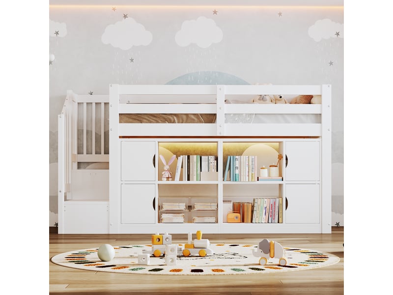  Lit mezzanine 90x200 cm blanc en bois, escalier rangement, bibliothèques, placards et led  - Conforama E
