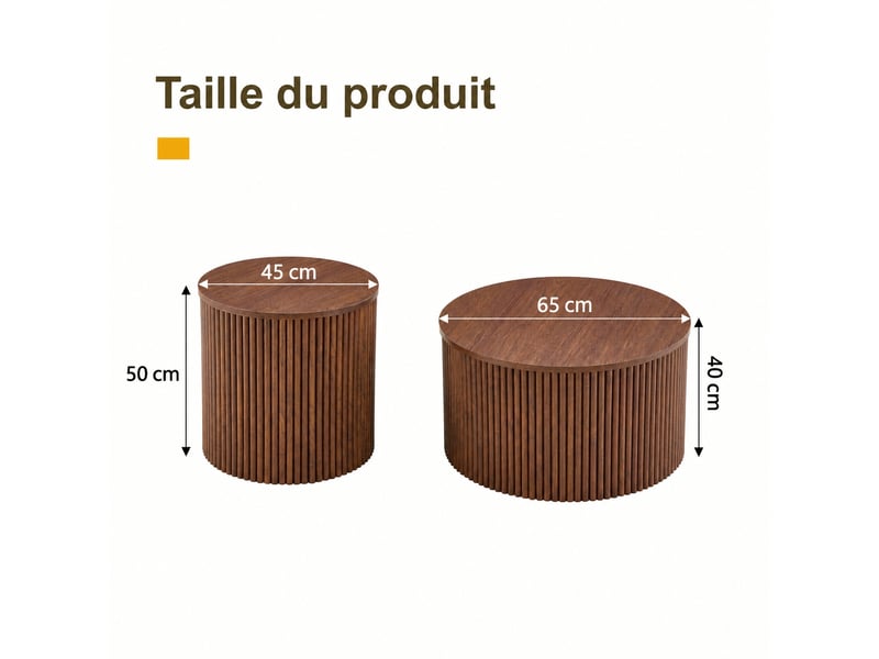 Tables basses gigognes lot de 2, design colonne romaine, mdf rondes avec rangement interne caché, finition grain de bois de noyer. - Conforama C