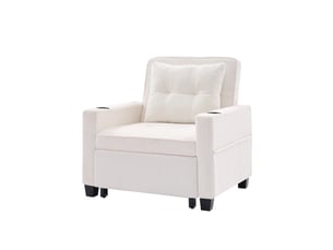 Fauteuil convertible, avec porte-gobelets, avec ports usb, en bois et métal, coloris blanc, l74 x p87 x h84 cm, gain de place