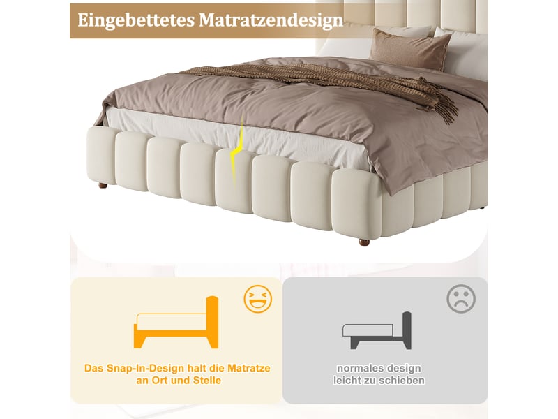 Lit coffre 180x200 - lit double rembourré - tête de lit à rayures verticales - rangement hydraulique - sommier à lattes - beige - Conforama D