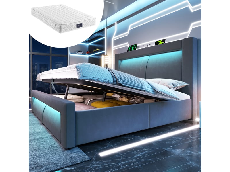  Lit coffre 160x200 cm en velours gris avec led, usb-c et matelas, tête de lit courbée  - Conforama B