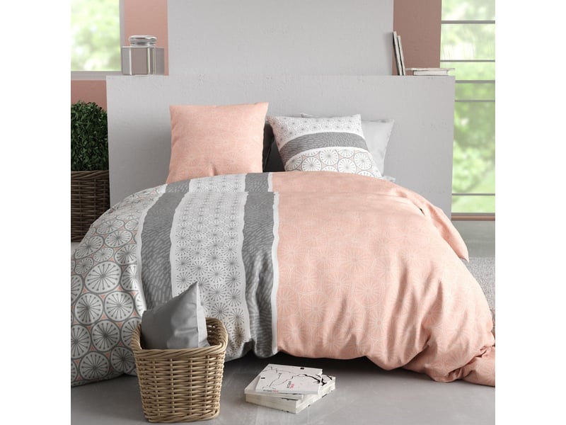  Parure housse de couette 260x240cm + 2 taies motif graphique rose et gris 100% coton - cleophée CLEOPHÉE - Conforama A
