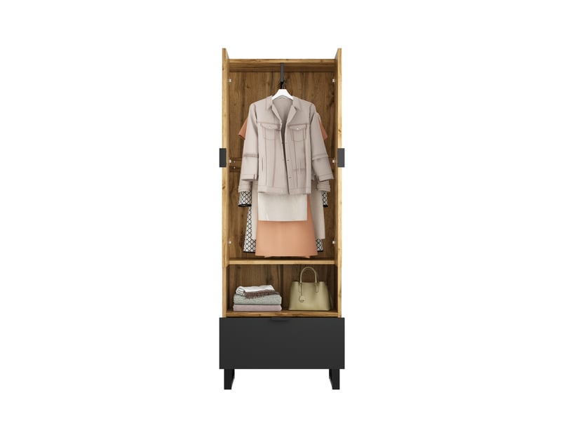 Armoire d’entrée avec penderie, étagères réglables et tiroir - lpospi - pieds métal, panneaux de particules, naturel - Conforama A