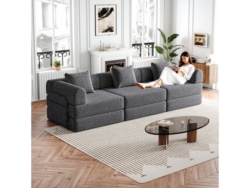 Canapé convertible 2-en-1 en velours côtelé 3 places, sans montage, rangement dans l'accoudoir, base antidérapante - Conforama B