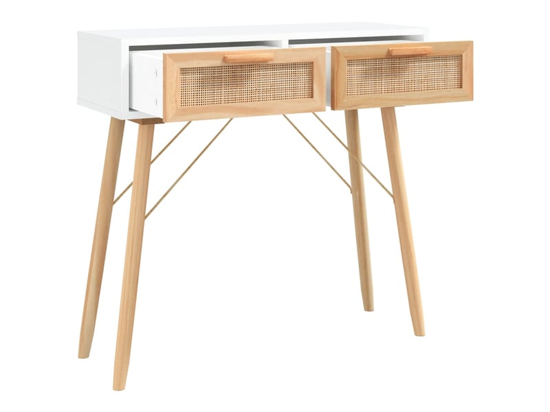  Console meuble, table console blanc 80x30x75 cm bois massif pin rotin naturel  - Conforama C