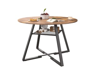 Table à manger ronde pour 6 personnes, table de cuisine style industriel avec plateau aspect bois et pied en métal, 120 x 75 cm