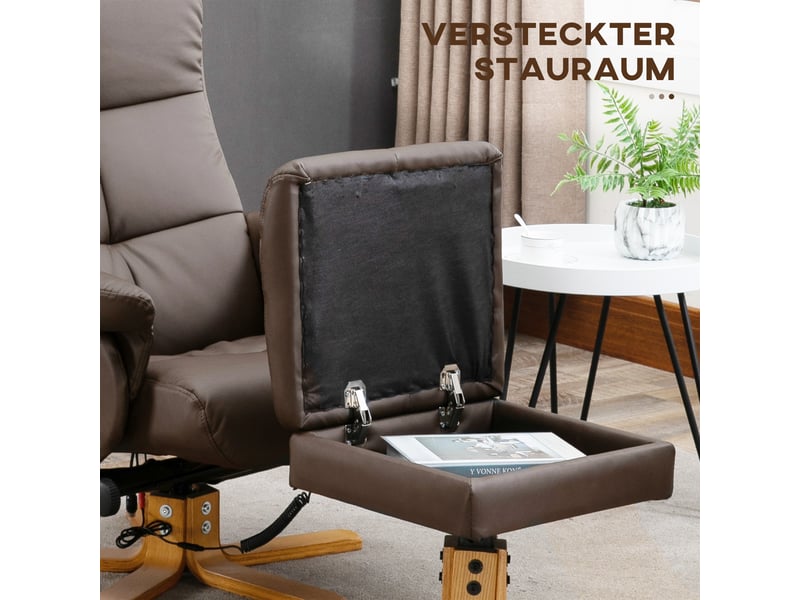 Fauteuil relax massant avec pouf, inclinaison 145°, similicuir marron, pivotant à 360° pour salon - Conforama E