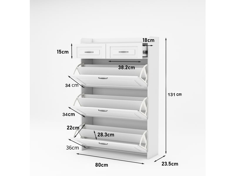 Meuble à chaussures 80x23,5x131 cm en panneaux de particules avec 3 abattants et 2 tiroirs blanc chicfurn  - Conforama D