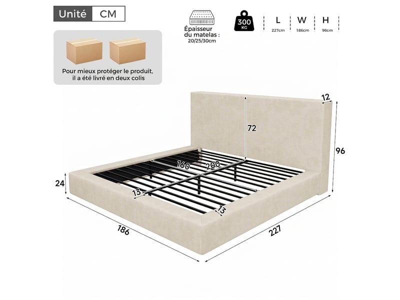  Lit double 160x200 capitonné beige avec sommier à lattes - tissu chenille doux  - Conforama C