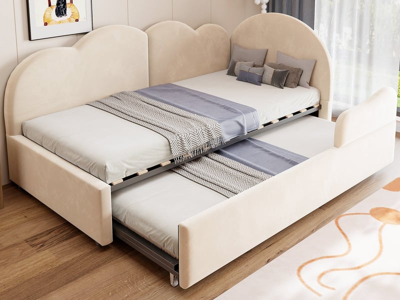  Lit gigogne en forme de l, 90 x 200 cm, avec tête de lit en forme de nuage et revêtement en velours, beige  - Conforama B