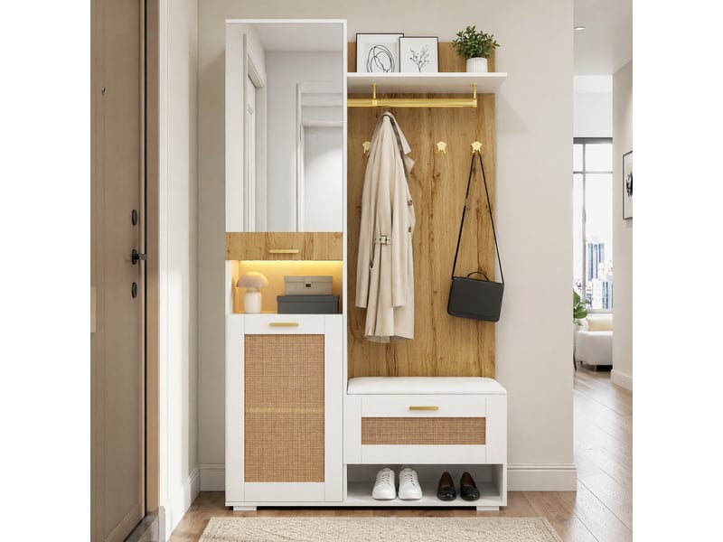  Meuble d'entrée avec 3 portes, miroir, 6 crochets et led 16 couleurs pour entrée, bois et blanc, 110 × 38 × 190 cm  - Conforama B