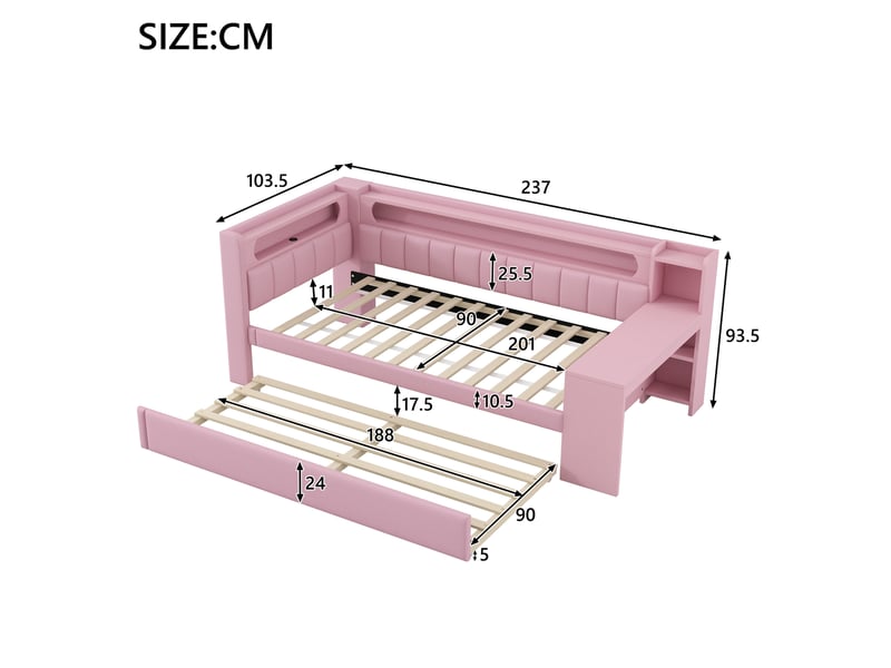  Modenvie lit banquette 90x200 cm - avec led, ports usb et lit gigogne - avec bureau intégré - rose  - Conforama C