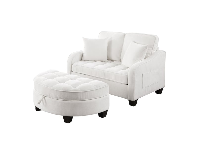  Canapé 1 place convertible 2-en-1 139,5x129,5x93 cm, pouf de rangement intégré, cadre en eucalyptus, chenille beige  - Conforama A