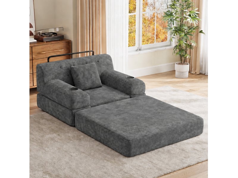 Fauteuil convertible compressé 1 place en velours côtelé gris foncé avec 2 porte-gobelets - Conforama B