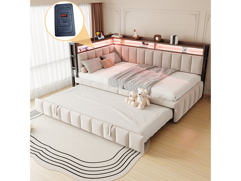  Canapé-lit convertible 90x200 cm avec lit gigogne, lit simple avec éclairage led et ports usb et type-c, tissu velours beige  - Conforama A