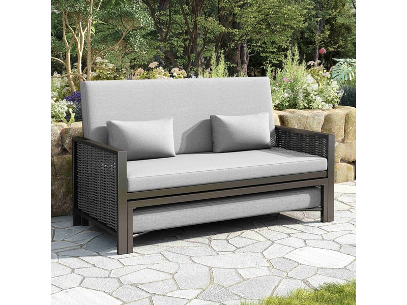 Mobilier de jardin 2 personnes, canapé de jardin, lit de repos extérieur, dossier réglable (5 niveaux), repose-pieds rétractable, gris - Conforama C