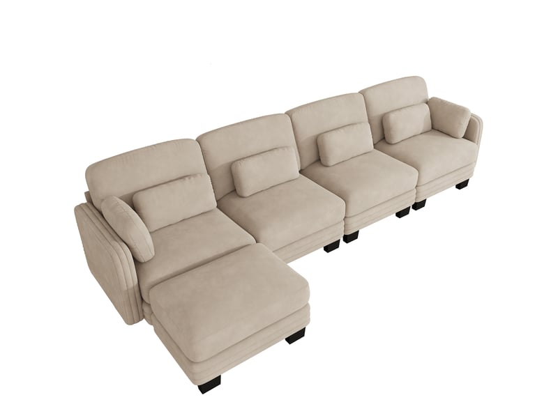  Canapé d’angle modulaire 4 places 330x143x88 cm, coussins lombaires et accoudoir, avec 1 pouf, tissu en chenille, café clair  - Conforama A