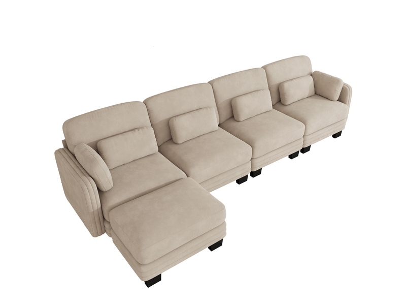  Canapé d’angle modulaire 4 places 330x143x88 cm, coussins lombaires et accoudoir, avec 1 pouf, tissu en chenille, café clair  - Conforama A