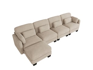Canapé d’angle modulaire 4 places 330x143x88 cm, coussins lombaires et accoudoir, avec 1 pouf, tissu en chenille, café clair