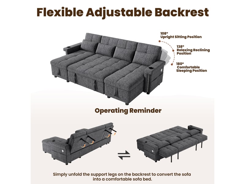 Canapé d’angle convertible en u 4 places 268,5 cm, 2 méridiennes avec coffre, dossier réglable 3 positions, led, usb et usb-c, chenille gris Radiant Stride - Conforama D
