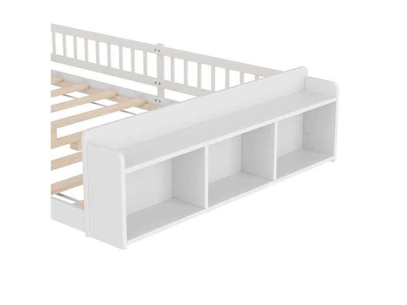  Lit enfant 140x190cm avec espace de rangement, garde-corps,étagère, sommier, pin blanc, sans matelas  - Conforama E