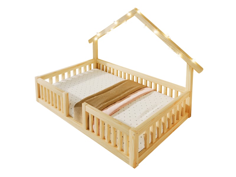  Lit cabane 90x200 cm, structure en bois, coloris naturel, éclairage led, ports usb et usb-c, garde-corps, design cabane, gain de place optimisé  - Conforama A