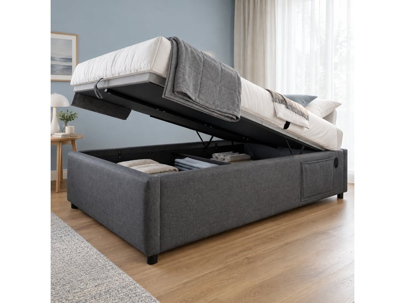  Lit 1 place avec rangement hydraulique 90 x 200 cm, gris, sans tête de lit, usb et type-c  - Conforama D