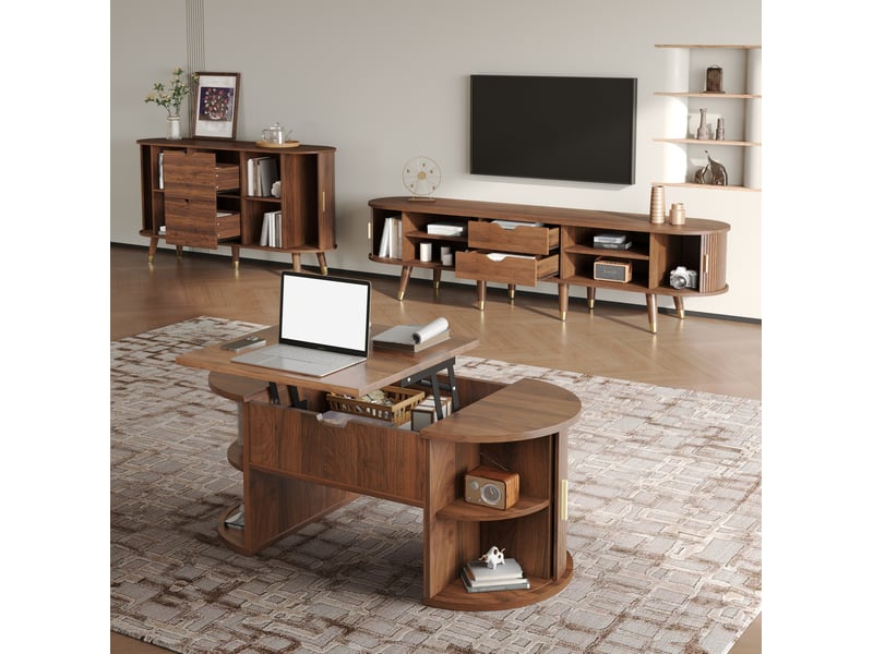  Ensemble de salon 3 pièces noyer avec meuble tv, buffet et table basse relevable  - Conforama D