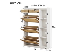 Meuble à chaussures rotin 3 abattants et 2 tiroirs, armoire étroite 24cm avec étagères, blanc et naturel