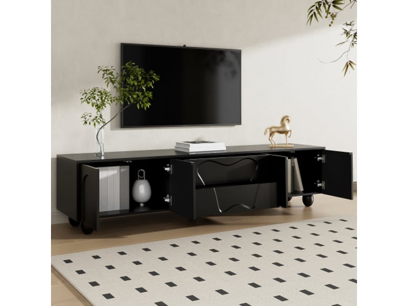  Meuble tv noir, meuble tv 180 cm avec pieds en bois, un design unique et des options de rangement flexibles  - Conforama C