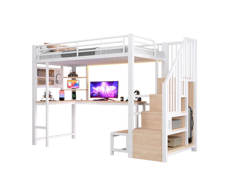  Lit mezzanine 90x200 cm avec bureau, rangements et led en métal et mdf blanc  - Conforama A