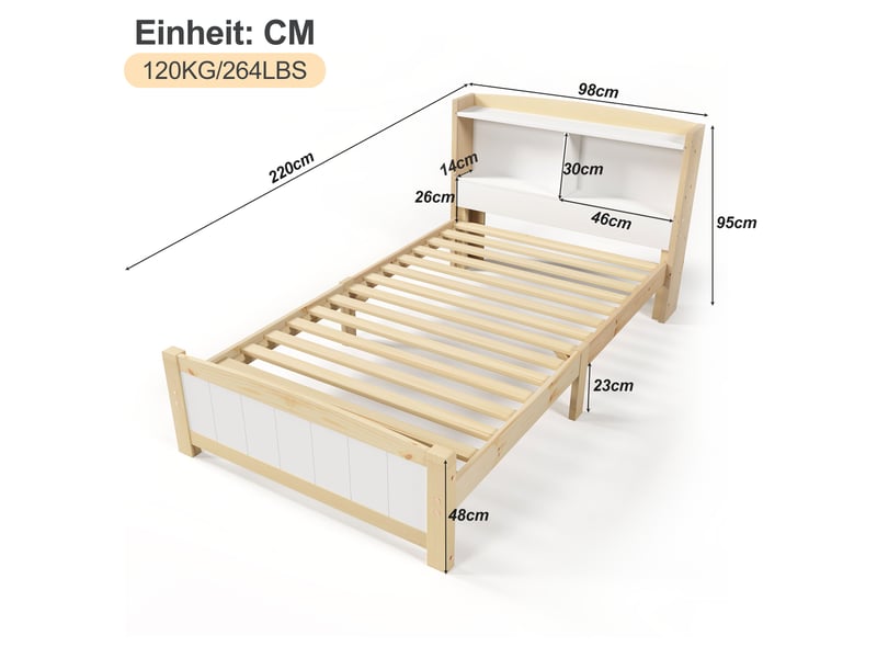  Lit simple en bois massif 90x200 cm avec sommier à lattes, naturel et blanc, lit simple capitonné avec tête de lit de rangement  - Conforama C