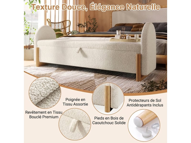  Banc de lit blanc 186 cm avec coffre, tissu bouclette et pieds en bois  - Conforama E