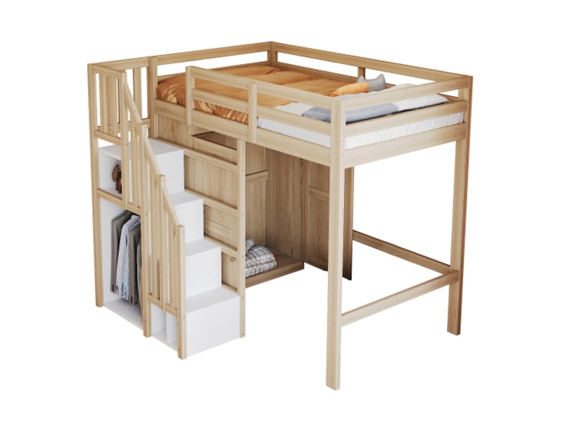  Lit mezzanine 90x200 cm, lit enfant avec portant, rangement, armoire, en bois, naturel, sans matelas  - Conforama A