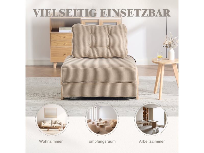  Fauteuil convertible 1 place 90x86x84cm kaki en velours côtelé, couchage pliant, dossier rembourré et pieds en bois  - Conforama D