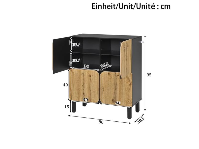 Meuble à chaussures 80x38,5x95 cm en mdf avec 4 portes et étagères réglables noir et naturel chicfurn  - Conforama D
