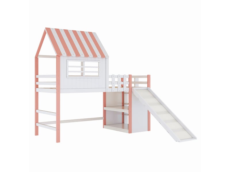  Lit enfant mezzanine 90x200 cm avec toboggan allongé, échelle et espace rangement, bois, rose et blanc, sans matelas  - Conforama E