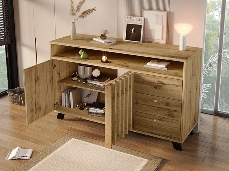  Commode à 3 tiroirs et 2 portes, 120 x 40 x 85 cm, portes à lattes et niche ouverte, effet chêne foncé  - Conforama B