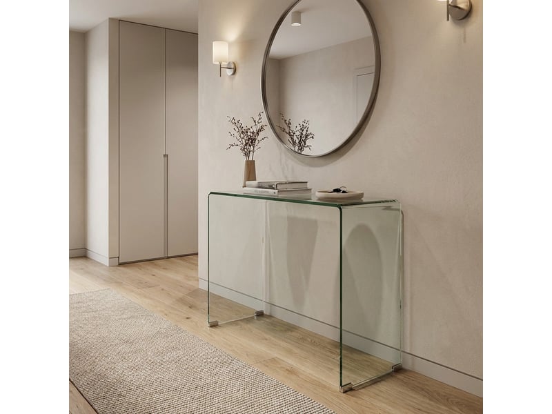 Console en verre courbé transparent pour entrée et salon mesa  - Conforama B