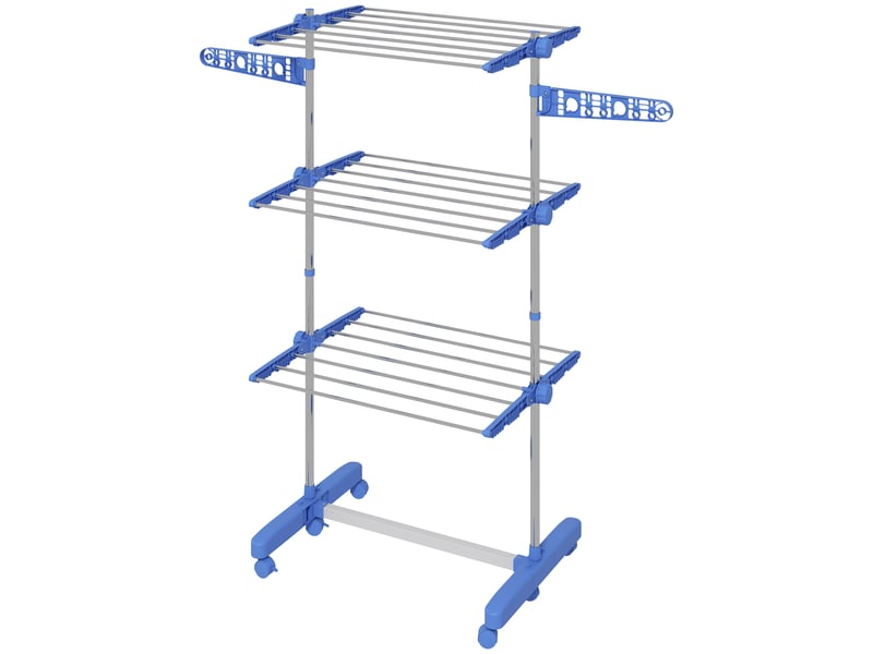 Séchoir à linge vertical à 3 niveaux avec 6 roues, 2 côtés pliables, étagères réglables et structure en acier inoxydable – bleu - Conforama B