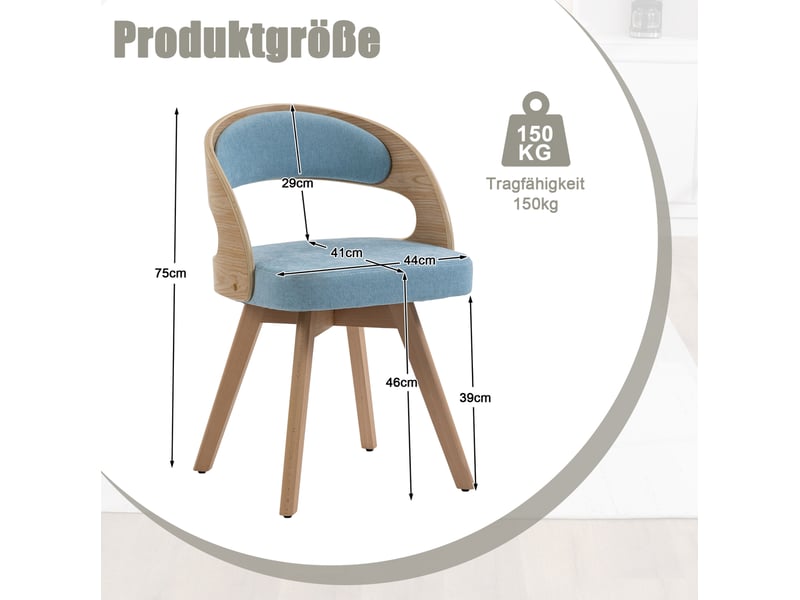  Lot de 2 chaise de salle à manger pivotante 44x41x75 cm bois, tissu lin bleu, dotée de coussin, confortable, meuble de salon  - Conforama C