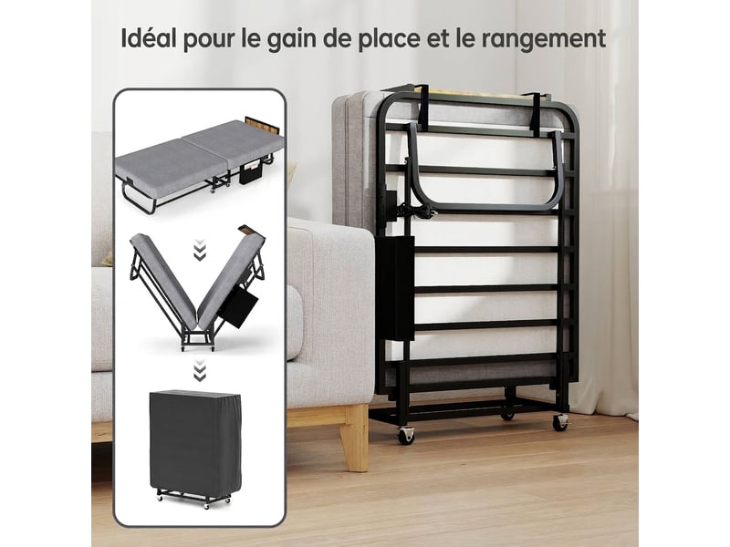 Lit pliant avec matelas 80x190 cm - mousse mémoire, port usb, roulettes, charge 204 kg  - Conforama D