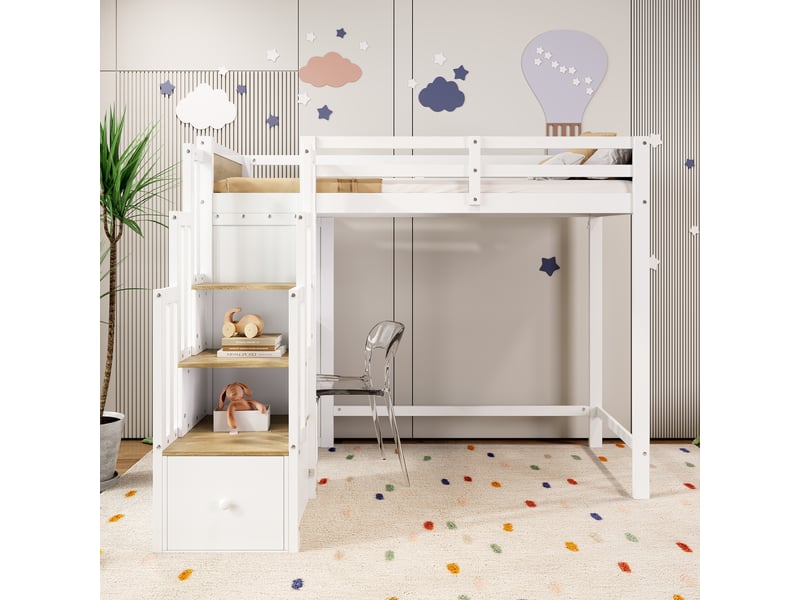  Lit mezzanine 90x200 cm en bois, lit simple avec bureau, tiroirs et escalier, sans matelas, blanc et naturel  - Conforama C